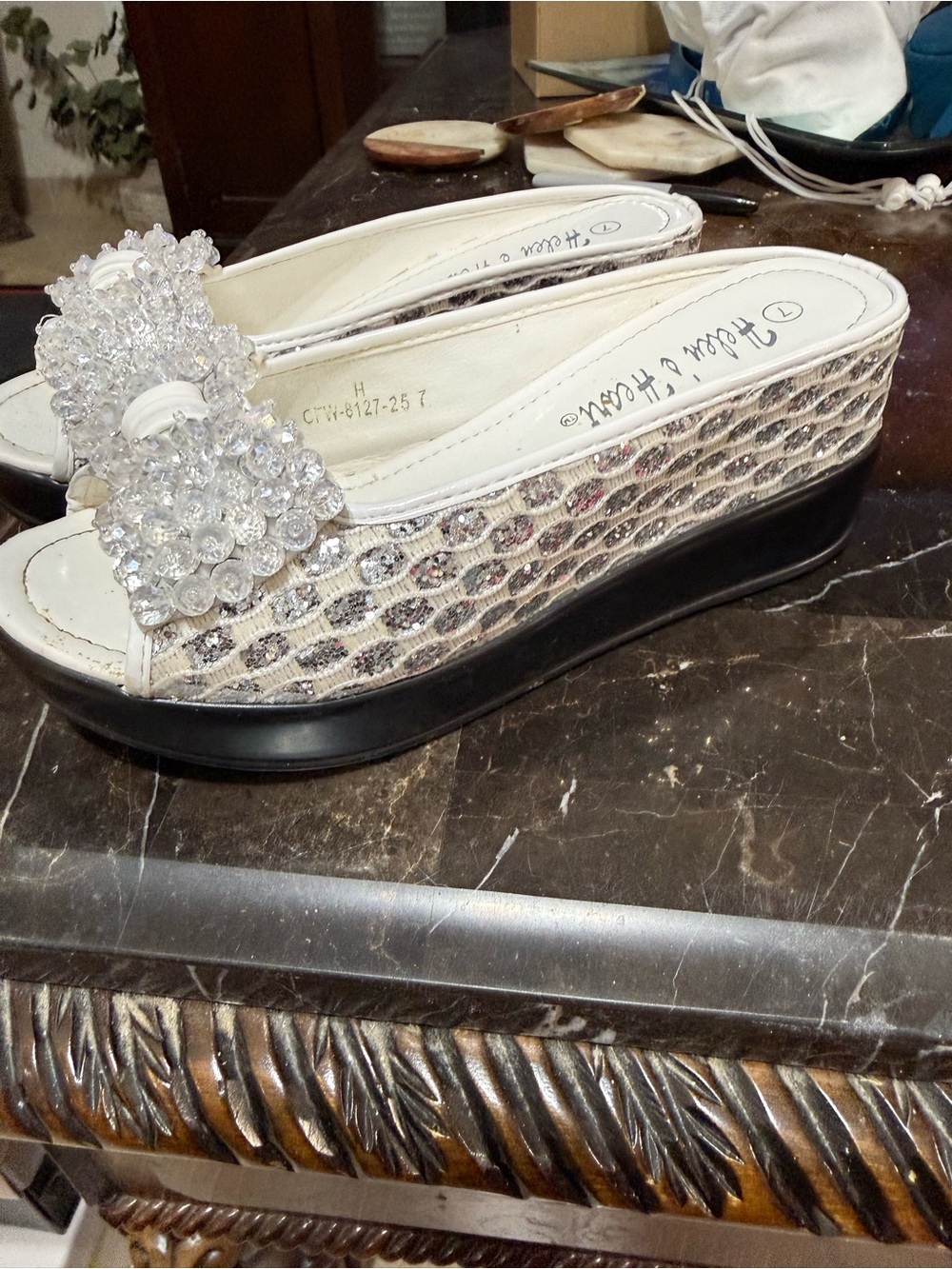 Crystal-Embellished White Platform Slide Mules by Hosh & Hoven